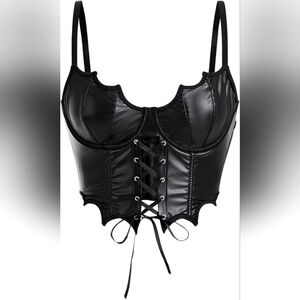 XL Black BAT Lace-Up Corset Top ~ Faux Leather